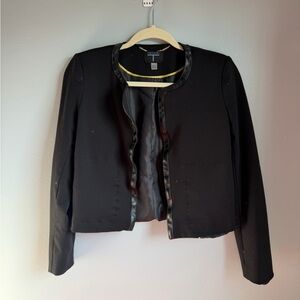 Tahari XS Cropped Open Front Jacket Black Faux Leather Trim Lined